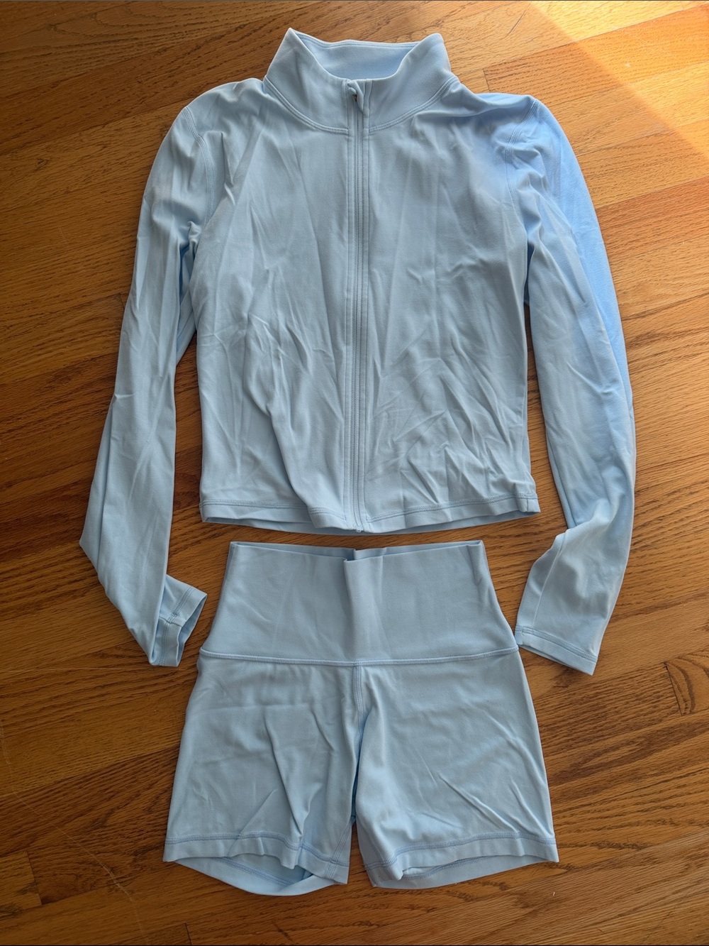 Aritzia Light Blue Zip-Front Long Sleeve Jacket & High-Waist Shorts Set